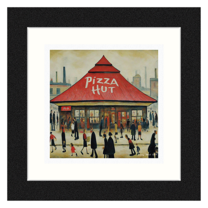 Pizza Hut - Giclée Art Print 21cm Square. Tasty Image in the Style Of LS Lowry. Ideal Gift.