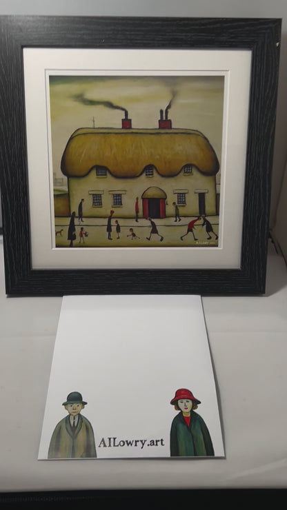 Thatched Cottage Giclée Art Print 21cm Square. Charming Image in the Style Of LS Lowry