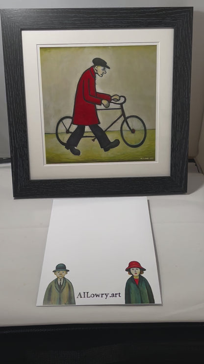 Bicycle Man - Giclée Art Print 21cm Square. Charming Image in the Style Of LS Lowry