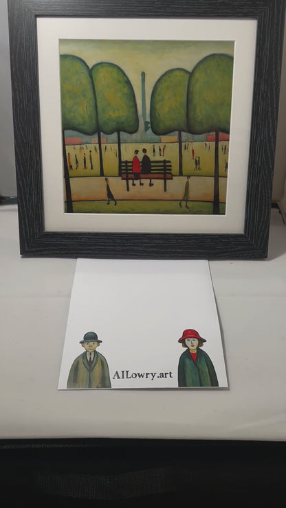 Sitting On A Bench Giclée Art Print 21cm Square. Tranquil Image in the Style Of LS Lowry