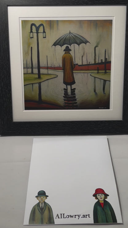 Beautiful British Day, Man in the Rain - Giclée Art Print 21cm Square. Glorious Image in the Style Of LS Lowry