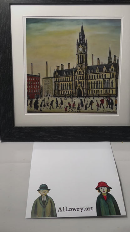 Manchester Town Hall - Giclée Art Print 21cm Square. Attractive Image in the Style Of LS Lowry