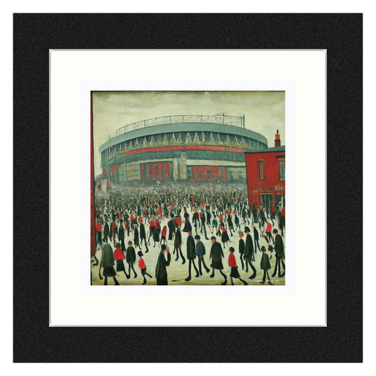 The "Red" Stadium - Giclée Art Print 21cm Square. Stylish Image in the Style Of LS Lowry. Ideal Gift.