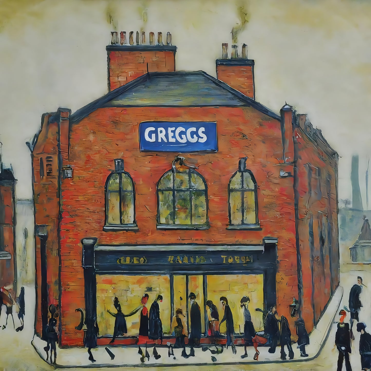 Greggs - Giclée Art Print 21cm Square. Modern Nostalgia Image in the Style Of LS Lowry