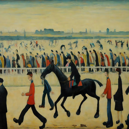 At The Races - Giclée Art Print 21cm Square. Entertaining Image in the Style Of LS Lowry. Ideal Gift.