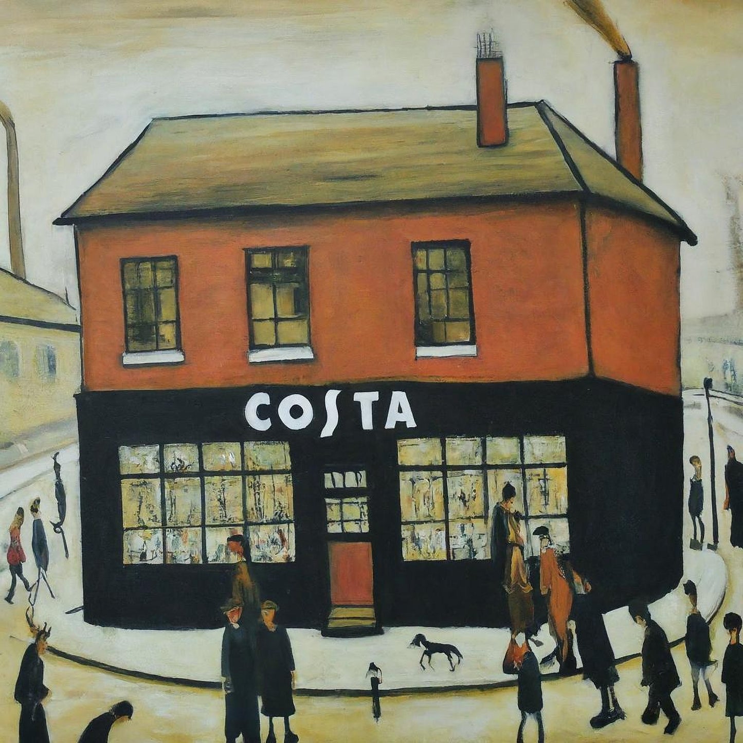 Costa Coffee - Giclée Art Print 21cm Square. Stylish Image in the Style Of LS Lowry. Ideal Gift.