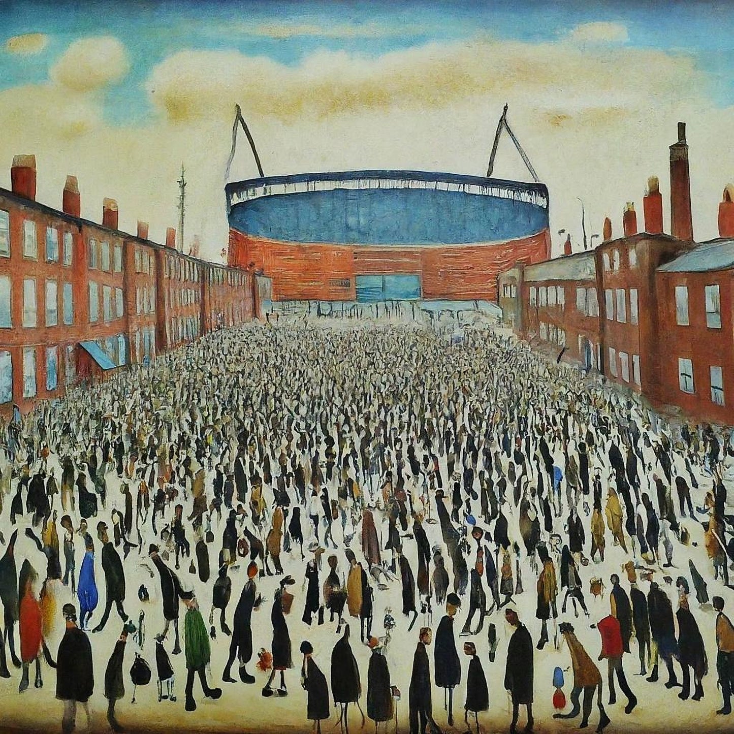 The "Blue" Stadium - Giclée Art Print 21cm Square. Stylish Image in the Style Of LS Lowry. Ideal Gift.