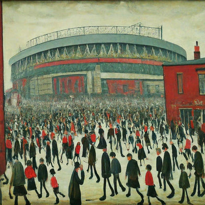 The "Red" Stadium - Giclée Art Print 21cm Square. Stylish Image in the Style Of LS Lowry. Ideal Gift.