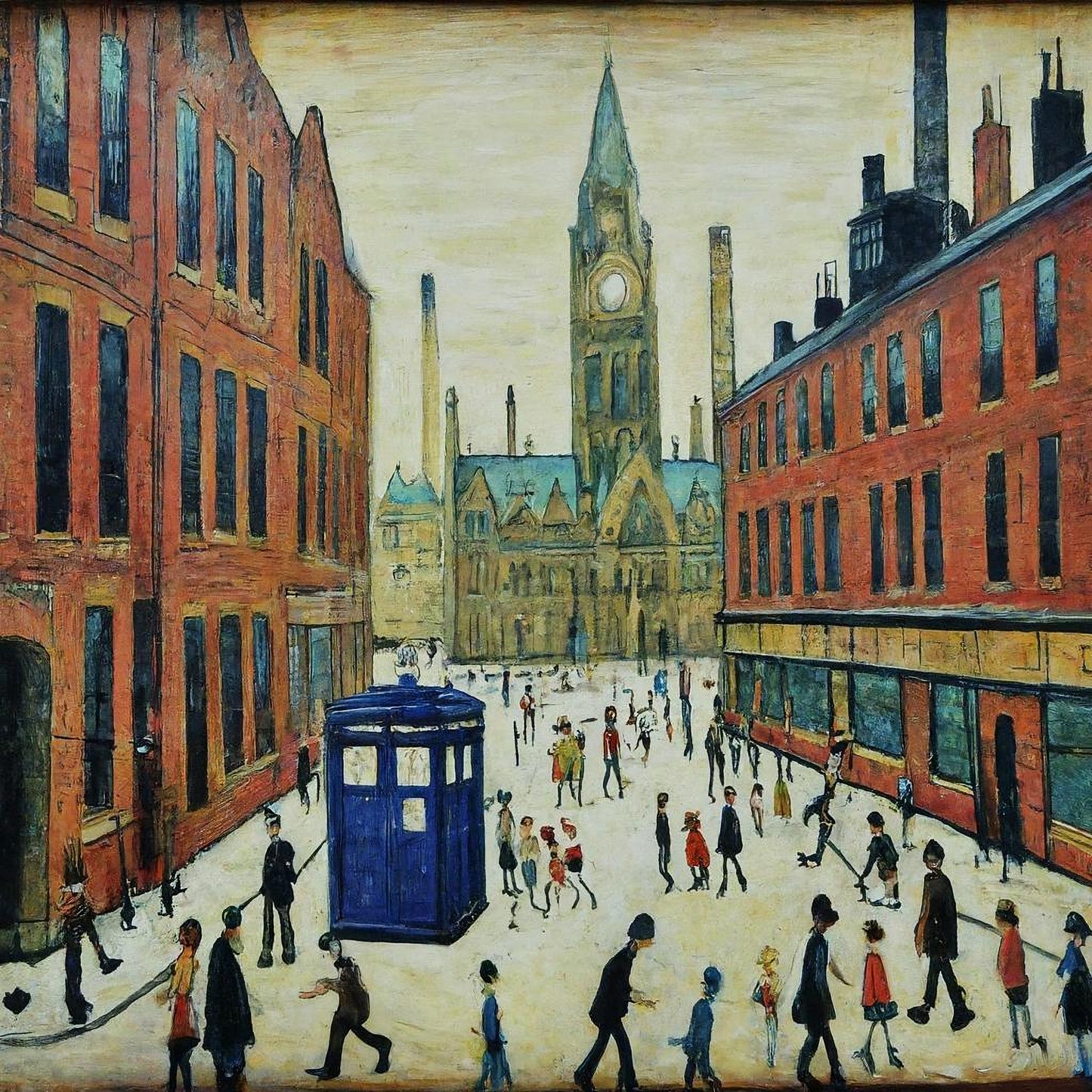 The Doctor Comes To Town - Giclée Art Print 21cm Square. Stylish Image in the Style Of LS Lowry. Ideal Gift.