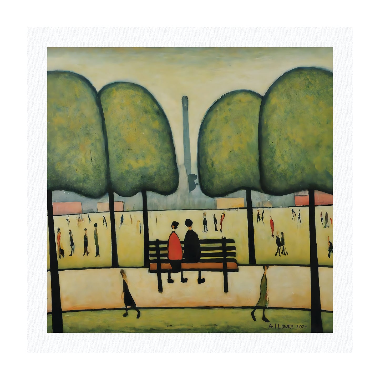 Pack of 6 Blank Lowry Style Art Greeting Cards - Sitting On A Bench Design - 350gsm Card with Kraft Envelopes