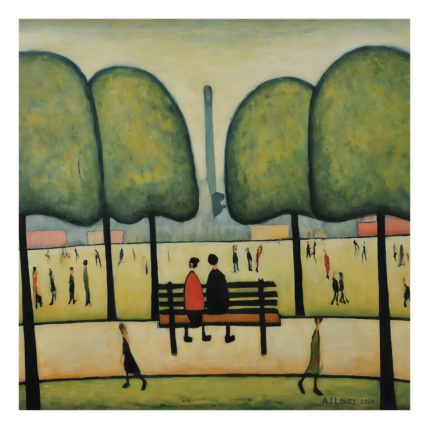 Sitting On A Bench Giclée Art Print 21cm Square. Tranquil Image in the Style Of LS Lowry