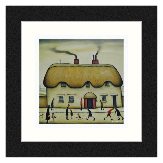 Thatched Cottage Giclée Art Print 21cm Square. Charming Image in the Style Of LS Lowry