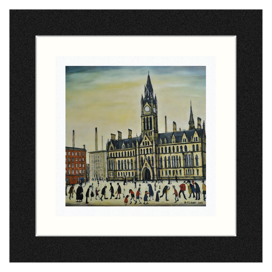 Manchester Town Hall - Giclée Art Print 21cm Square. Attractive Image in the Style Of LS Lowry