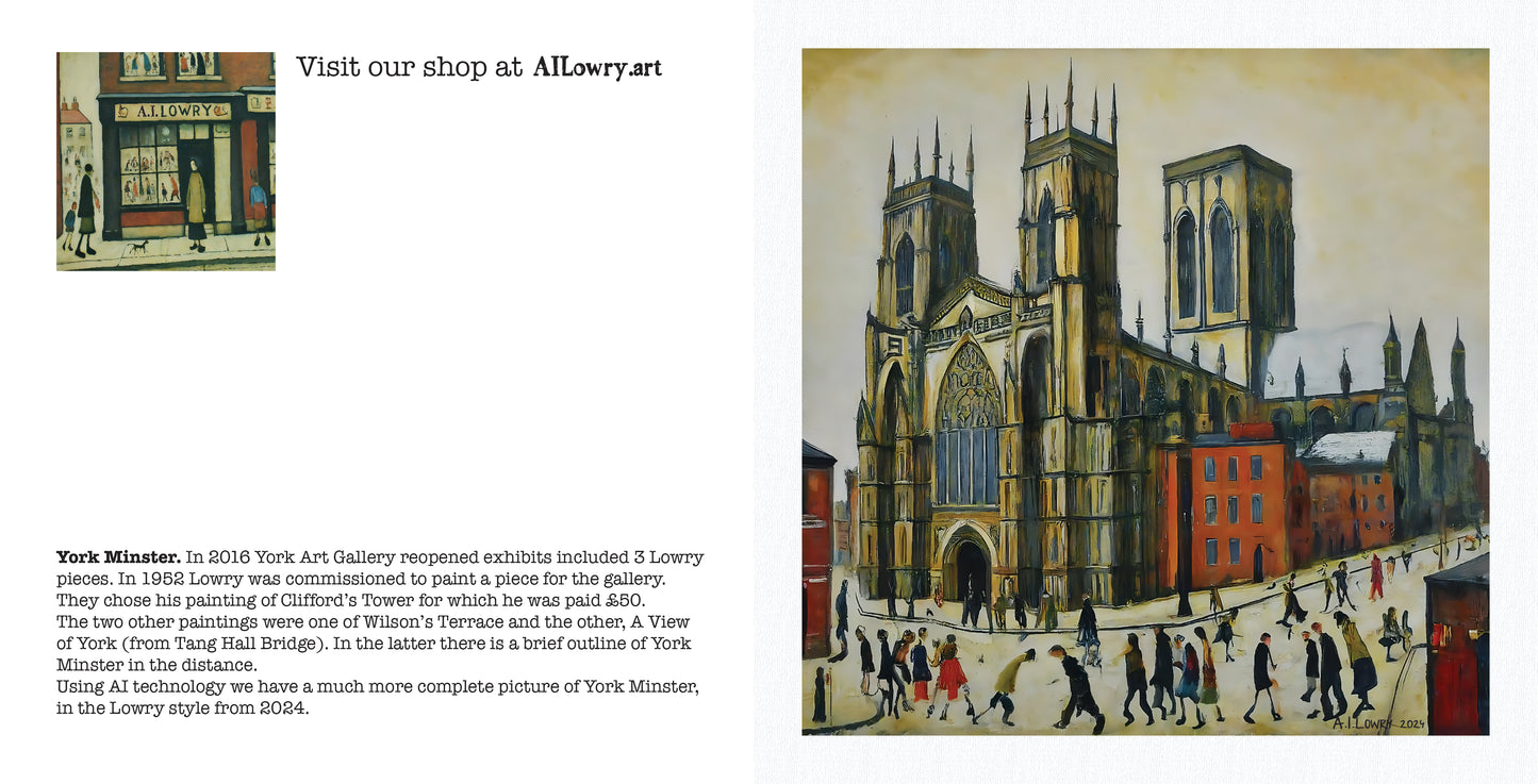 Pack of 6 Blank Lowry Style Art Greeting Cards - York Minster Design - 350gsm Card with Kraft Envelopes